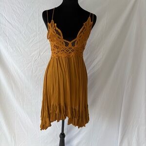 Free People | Adella Slip Dress Crochet Lace Bralette Mustard Mini Dress Sz XS